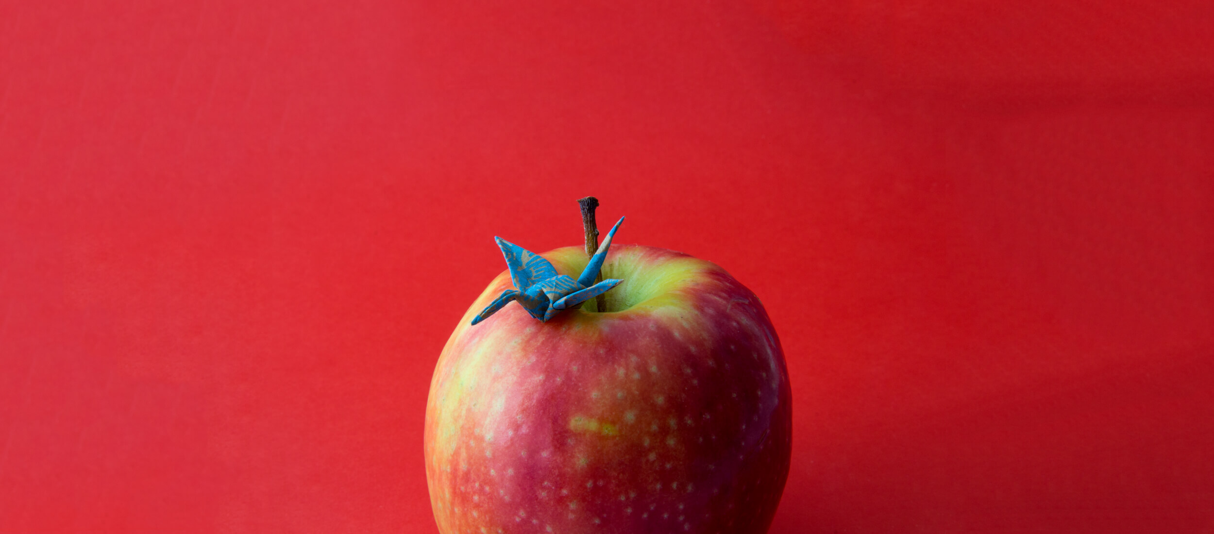 Minature blue paper crane on an apple